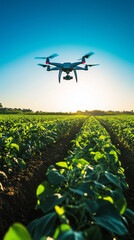 Wall Mural - A drone is flying over a green field, observing crop health