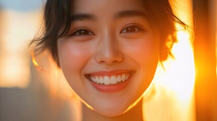 Close-up of a happy Asian person with a bright smile, warm lighting