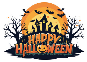 Happy Halloween illustration with haunted houses and bats on orange background, festive banner