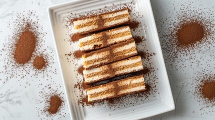 Wall Mural - A white plate with a dessert on it and a pile of brown powder on the table