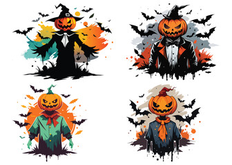 Spooky pumpkin-headed figures with eerie backgrounds, vector illustration, ideal for Halloween