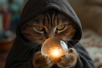 The cat holds a glowing ball in its paws, evoking a mysterious, magical feeling