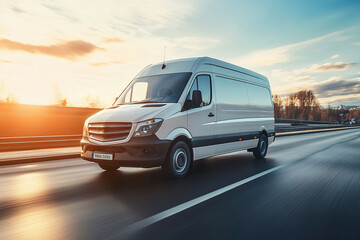 Wall Mural - White modern delivery small shipment cargo courier van moving fast on motorway road to city