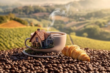 Throughout the frame is a cup of coffee whose surface morphs into a rolling landscape of coffee beans and croissants