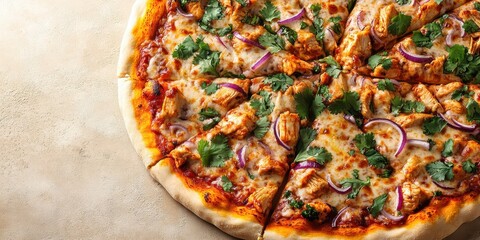 Delicious slice of freshly baked pizza topped with chicken, cheese, and herbs on a rustic surface, background with copy space