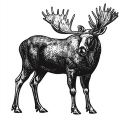 Wall Mural - A black and white illustration of a moose, a large, ungulate mammal known for its large antlers, with a detailed, vintage style.