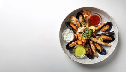 Grilled mussels on a white plate, a delicious seafood dish