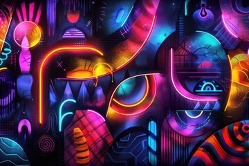 Vibrant Halloween neon art with abstract geometric designs of glowing jack-o'-lanterns.