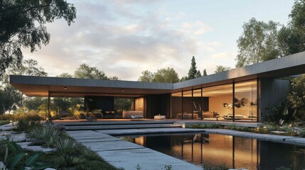 Wall Mural - 3D rendering of modern flat roof house with parking, pool, and concrete facade in beautiful landscaped surroundings. Clear summer evening with warm light from windows.