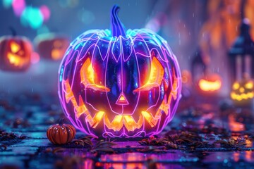 Vibrant Halloween neon art with abstract geometric designs of glowing jack-o'-lanterns.