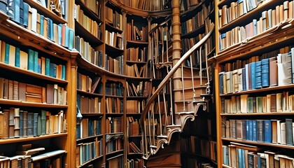 Enchanted library filled with towering shelves of ancient tomes, mystical artifacts, and a whimsical spiral staircase