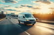© Vasiliy - White modern delivery small shipment cargo courier van moving fast on motorway road to city