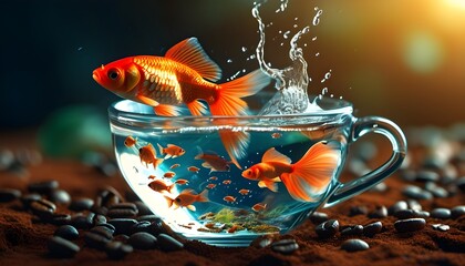 Aquatic World within a Coffee Cup, Realistic Fish Swimming Amidst Vibrant Details