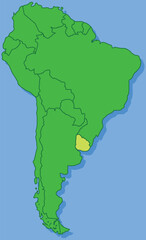 Highlighted map of URUGUAY inside detailed blank flat political map of South (Latin) American continent on isolated background