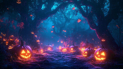 Scary pumpkins in dark woods at Halloween night, mystic path and lights in haunted forest at dusk. Theme of horror, fantasy, fairy tale, spooky world