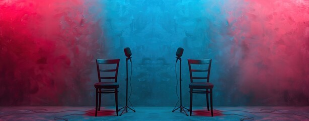 Two Empty Chairs and Microphones Set Up Against a  Wall