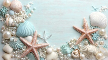 Aufkleber - A variety of seashells and starfish arranged on a blue and white background. The seashells come in different sizes and shapes, while the starfish are scattered throughout the scene