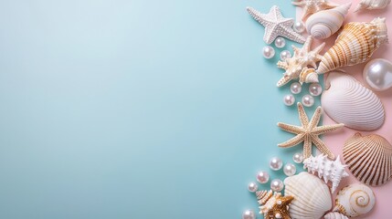 Fototapete - A blue background with a variety of seashells and pearls. The seashells are scattered around the background, with some of them being larger and more prominent than others