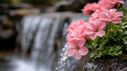 Poster - A beautiful pink flower is growing next to a waterfall. The water is clear and the flower is in full bloom. The scene is serene and peaceful