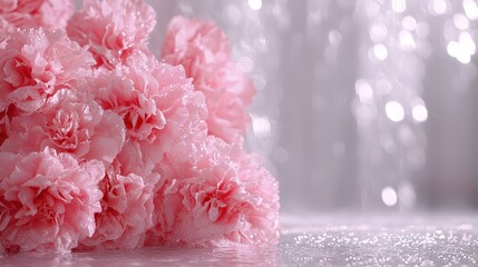 Wall Mural - A bunch of pink flowers are arranged in a vase. The flowers are arranged in a way that they look like they are falling, giving the impression of a gentle rain. The vase is placed on a table