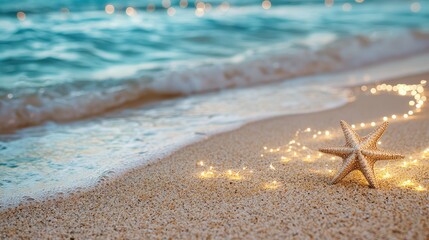 Aufkleber - A starfish is on the beach next to the ocean. The beach is calm and peaceful, with the starfish standing out against the sand