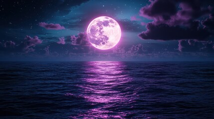 Poster - A large, bright pink moon is reflected in the water of a calm ocean. The sky is dark and cloudy, creating a moody atmosphere