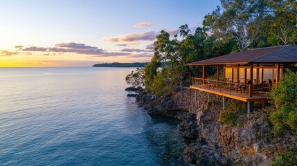 Aufkleber - A beach house with a wooden deck overlooking the ocean. The sky is a beautiful mix of blue and orange hues