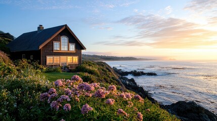 Fototapete - A house with a beautiful garden and a view of the ocean. The house is surrounded by a lush green lawn and a variety of flowers, including pink flowers. The ocean is visible in the background