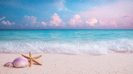 Aufkleber - A starfish is laying on the beach next to the ocean. The sky is cloudy and the water is blue