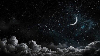 Poster - A dark sky with a crescent moon and many stars. The sky is filled with clouds and the moon is shining brightly. Concept of calm and serenity