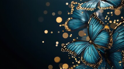 A blue butterfly with gold wings is flying over a dark background. The butterfly is surrounded by a glowing, starry sky