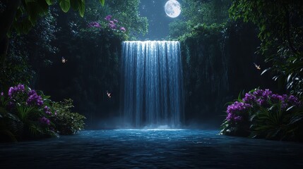 Poster - A waterfall with a moon in the sky. The waterfall is surrounded by purple flowers
