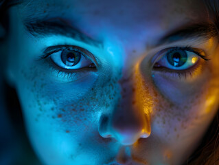 Person's face perfectly lit by a bright blue light source, creating a captivating and engaging image.