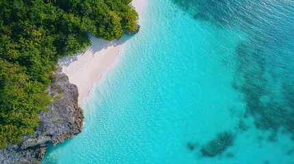 Aufkleber - A beautiful blue ocean with a sandy beach in the background. The water is calm and clear, and the sky is a bright blue. The scene is peaceful and serene