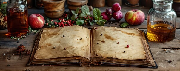 Ancient alchemy recipe book surrounded by herbs, spices, and mystical ingredients. Free copy space for text.