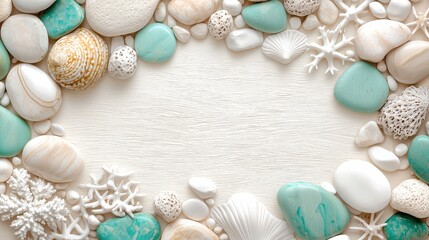 Aufkleber - A collection of white and blue rocks and shells arranged in a circle. The blue and white colors create a calming and serene atmosphere