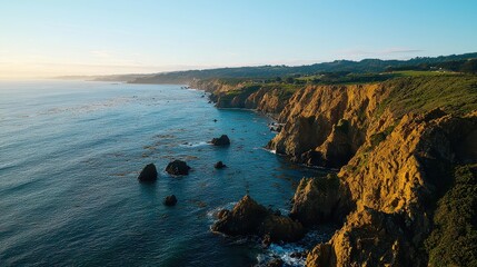 Fototapete - The ocean is calm and the shoreline is rocky. The sky is blue and the sun is setting