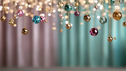 Wall Mural - A bunch of colorful Christmas ornaments hanging from a curtain. The colors are bright and cheerful, creating a festive mood