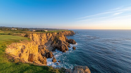 Fototapete - A beautiful ocean view with a rocky shoreline and a golf course in the background. The sky is clear and the sun is setting, creating a serene and peaceful atmosphere