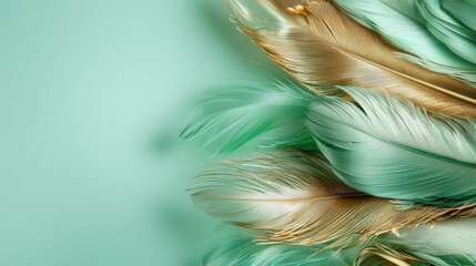 A green and gold feather arrangement on a green background. The feathers are arranged in a way that they look like they are floating in the air. The arrangement gives off a sense of lightness