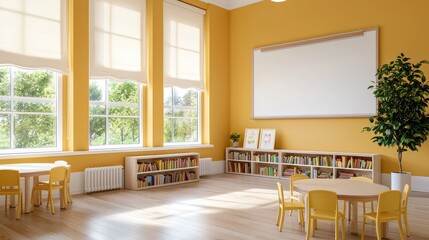 Wall Mural - A bright yellow room with a white board and a lot of books. The room is filled with yellow chairs and a potted plant