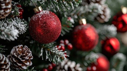 Wall Mural - A Christmas tree with red and white ornaments and a red ball. The tree is covered in snow and the red ball is hanging from the tree