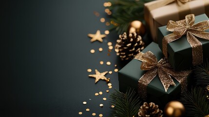 Wall Mural - A Christmas tree with gold and green decorations and a black background. The tree is topped with two large boxes and a star