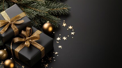 Wall Mural - A black box with a gold ribbon sits on a black background. The box is decorated with gold ribbons and a gold bow. There are also gold stars scattered around the box. Concept of luxury and elegance