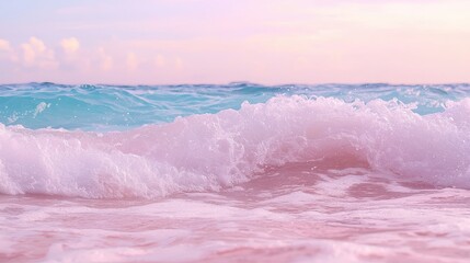 Aufkleber - The ocean is pink and the sky is blue. The water is crashing against the shore. The scene is peaceful and calming