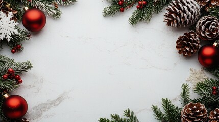 Wall Mural - A white background with a red frame and a bunch of Christmas decorations. The decorations include pine cones, red balls, and berries