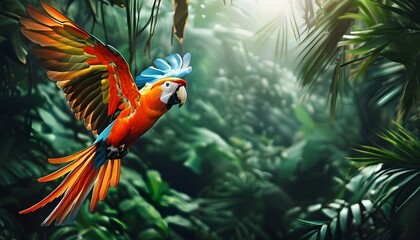 Wall Mural - Colorful parrot gliding over a vibrant tropical rainforest