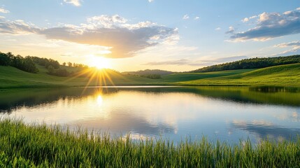 Fototapete - A beautiful lake with a bright sun reflecting on the water. The sky is clear and the sun is setting, creating a serene and peaceful atmosphere