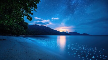 Fototapete - A beautiful night sky with a lake and a beach. The stars are shining brightly and the moon is visible. The scene is peaceful and serene, with the calm water reflecting the stars and moon