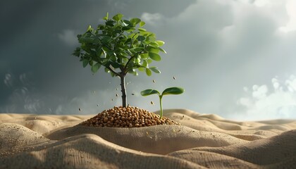 Emerging tree from seeds in a sandbag, showcasing the contrast between natural life and industrial materials in a highly detailed setting